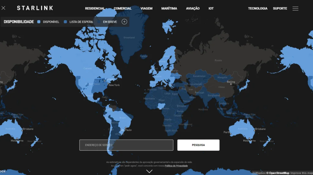Mapa de cobertura do serviço